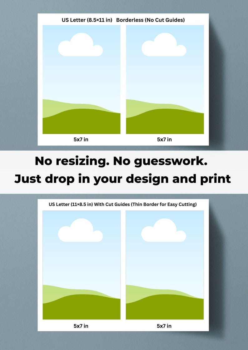 May include: A print template with four 5x7 inch image placeholders, each with a blue sky and green landscape design. The template is available in US Letter sizes, with and without cut guides. Text reads: "No resizing. No guesswork. Just drop in your design and print."