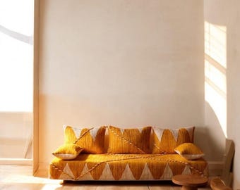 Handmade Moroccan Zanafi Floor Sofa – Golden Yellow with Amazigh Patterns – Natural Wool Majlis Seating