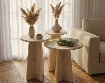 Travertine Marble Look Nesting Coffee Table Set – Scandinavian Mushroom Side Tables