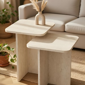 Japandi Travertin Look Beistelltisch Set - Minimalistische Akzent-Tische