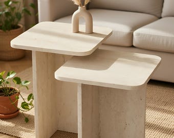 Set of 2 Nesting Side Tables – Travertine-Look Accent Furniture