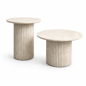 Juego de 2 mesas de centro redondas con aspecto de travertino / Mesas nido redondas / Base estriada / Mesa auxiliar para sala de estar - Decoración Japandi