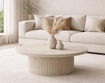 Round Travertine-Look Coffee Table | Fluted Pedestal Japandi Oak Living Room Table