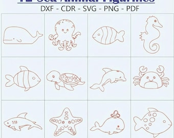 12 Meerestierfiguren Silhouette Cutout Bundle DXF, SVG, PDF | Cnc, Laser Cut & Dekupiersäge Bereit Kinder Holzspielzeug | Montessori