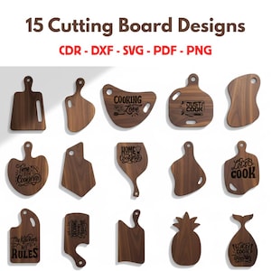 Peut inclure: Présentation de 15 modèles de planches à découper en bois de différentes formes, dont des cœurs et des ananas. Certaines planches affichent des textes tels que "Cooking with Love" et "Let's Cook". L'image liste également les formats de fichiers : CDR, DXF, SVG, PDF et PNG.