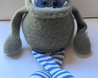 Smug Monster- one of a kind plush sculpt upcycled toy