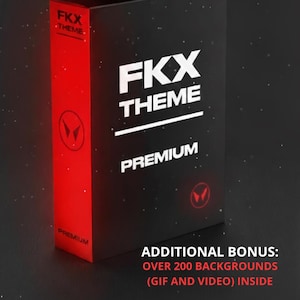 Peut inclure: Une boîte noire avec le texte blanc "FKX THEME PREMIUM". Le côté gauche est rouge avec "FKX Theme" et un logo. Le bas indique "ADDITIONAL BONUS: OVER 200 BACKGROUNDS (GIF AND VIDEO) INSIDE".