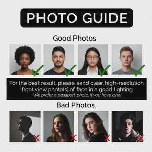 K&ouml;nnte beinhalten: Schwarz-wei&szlig;e "FOTOF&Uuml;HRER"-Grafik mit Beispielen f&uuml;r "Gute Fotos" und "Schlechte Fotos" f&uuml;r Passfotos. Der Text r&auml;t, klare, hochaufl&ouml;sende Frontalaufnahmen bei guter Beleuchtung zu senden.