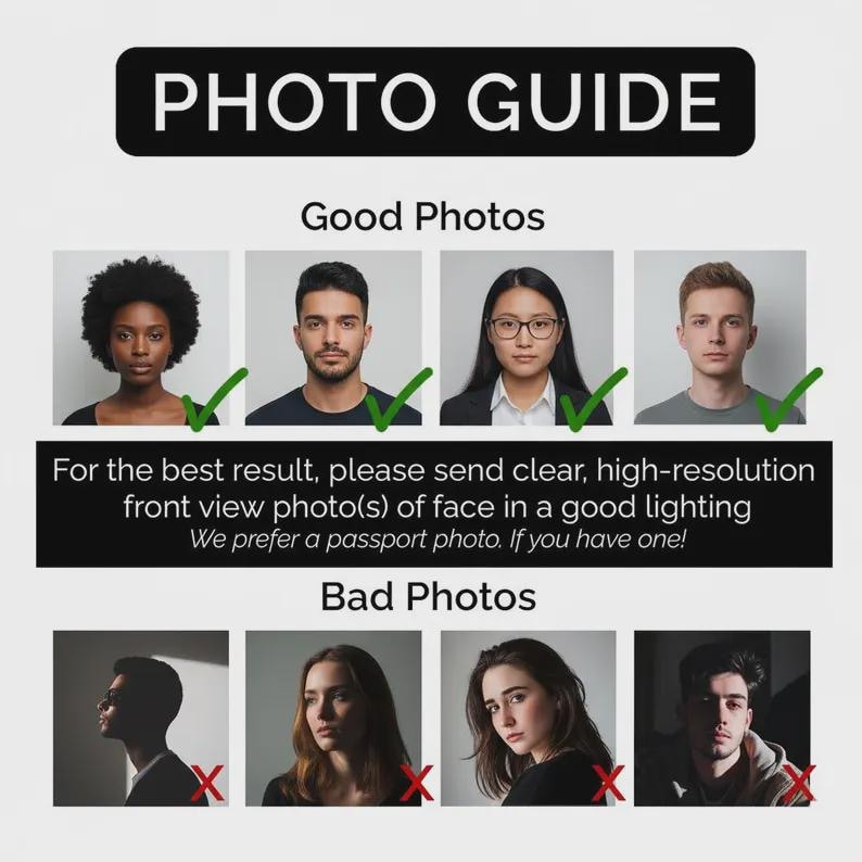 K&ouml;nnte beinhalten: Schwarz-wei&szlig;e "FOTOF&Uuml;HRER"-Grafik mit Beispielen f&uuml;r "Gute Fotos" und "Schlechte Fotos" f&uuml;r Passfotos. Der Text r&auml;t, klare, hochaufl&ouml;sende Frontalaufnahmen bei guter Beleuchtung zu senden.