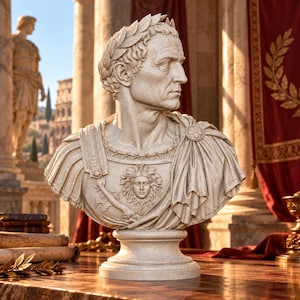 May include: A stone-coloured bust of a Roman leader wearing a laurel wreath and a toga with a Medusa head emblem on the chest plate. The sculpture features detailed facial features, a draped garment, and a circular brooch on the shoulder.