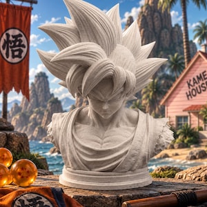 May include: A stone-textured bust of a spiky-haired character wearing a gi, positioned in front of a tropical island scene with a red banner featuring the kanji for Go, a pink house labeled Kame House, and several orange dragon balls with red stars.