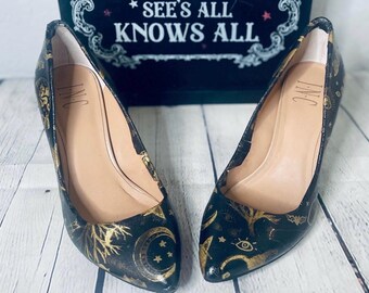 Witchy Print Heels, Halloween Statement Shoes, Black and Gold Fabric Heels, One of a Kind Women’s Shoes, Size 7.5