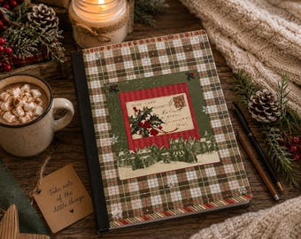 Handmade Christmas Keepsake Journal, Holiday Junk Journal with Pockets, Composition Notebook, Memory