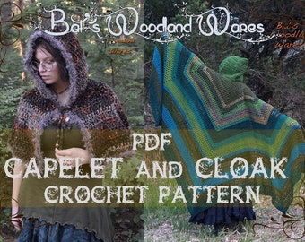 Op de afbeelding: PDF haakpatroon voor een capuchon met capuchon en een mantel. De capelet is bruin en paars met een pluche rand. De mantel is groen, blauw en bruin met een groene capuchon.