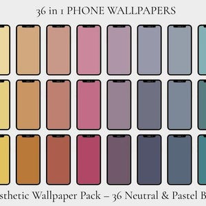 May include: A collection of 36 phone wallpapers in various pastel and neutral colors, including green, yellow, pink, and blue. The wallpapers are displayed on black-framed phone mockups. Text at the top reads "36 in 1 PHONE WALLPAPERS". Below, it says "Minimal Aesthetic Wallpaper Pack - 36 Neutral & Pastel Backgrounds."