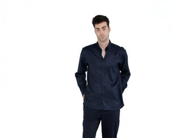 Navy Blue Tencel Shirt – Regular Fit Men’s Button Down – Sustainable Elegant Minimalist Clothing
