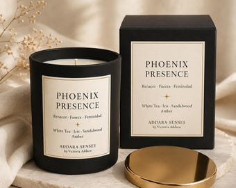 Candela Phoenix Presence · Candela profumata fatta a mano · Rinascita, forza e presenza femminile · Regalo elegante per le donne · Cura di sé