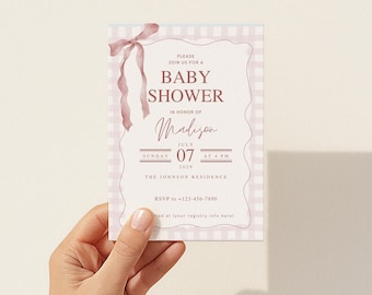 Editable Baby Shower Invitation Template • Printable Mom Sprinkle Invite • Pink Gingham Bow Design • Gender Girl Shower • Instant Download