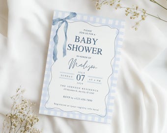 Editable Blue Baby Shower Invitation Template • Printable Mom Sprinkle Invite • Gingham Bow Design • Gender Boy Shower • Instant Download