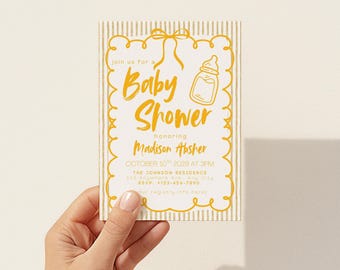 Yellow Baby Shower Invitation Bow Striped Boy Gender Neutral Retro Bright Fun Colorful Invite Editable Template Stripe Whimsical Wavy Border