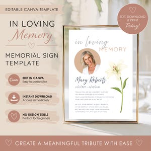 May include: A framed memorial sign template with the words "In Loving Memory" and a photo of a woman. The sign includes the name "Mary Roberts" and dates, along with a floral illustration and text. The design is in soft, neutral tones.