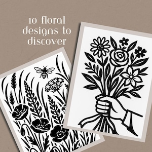 May include: Two black and white floral design prints. One print features a bouquet of flowers held by a hand. The other print shows a bee, poppies, and other floral elements. The text "10 floral designs to discover" is at the top.