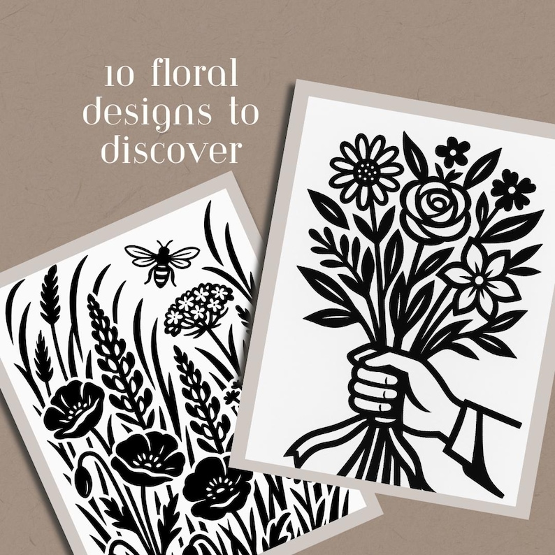 May include: Two black and white floral design prints. One print features a bouquet of flowers held by a hand. The other print shows a bee, poppies, and other floral elements. The text "10 floral designs to discover" is at the top.