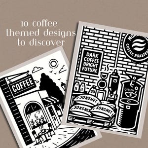 May include: Black and white illustrations of coffee-themed designs. One shows a cafe with a sign that says "COFFEE." Another features a brick wall with text that reads "DARK COFFEE BRIGHT FUTURE." The text "10 coffee themed designs to discover" is also present.