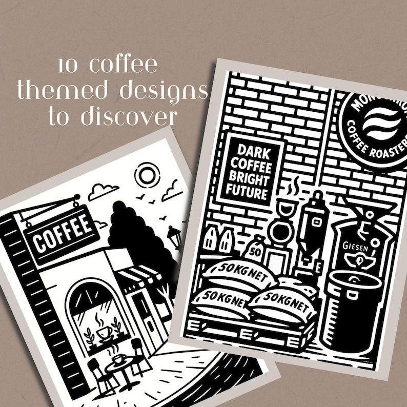 May include: Black and white illustrations of coffee-themed designs. One shows a cafe with a sign that says "COFFEE." Another features a brick wall with text that reads "DARK COFFEE BRIGHT FUTURE." The text "10 coffee themed designs to discover" is also present.
