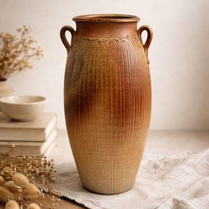 May include: A tall, textured ceramic vase in shades of brown and tan. The vase has a cylindrical shape with two small handles and vertical grooves. It sits on a neutral-colored linen cloth, suggesting a rustic or farmhouse aesthetic.