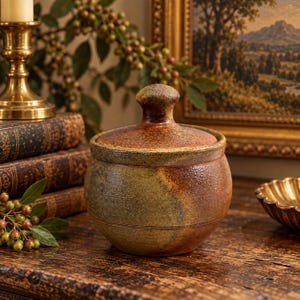 May include: A round ceramic jar with a lid, featuring a textured surface with mottled brown, tan, and green glaze. The container has a wide body, a slightly tapered neck, and a knob-shaped handle on the lid, showcasing a handcrafted appearance.