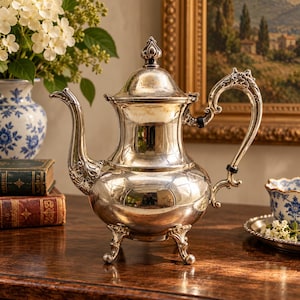 May include: A polished silver teapot featuring an ornate handle, a curved spout, and a lid with a finial top. The teapot stands on three decorative feet and has a reflective, metallic surface with intricate embossed detailing on the handle.