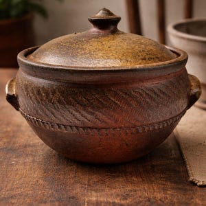 May include: A handcrafted, lidded ceramic pot with a rustic aesthetic. The pot features a textured, dark brown exterior with a decorative carved pattern around the base. The lid has a small knob and a similar color palette, suggesting a natural, earthy design.