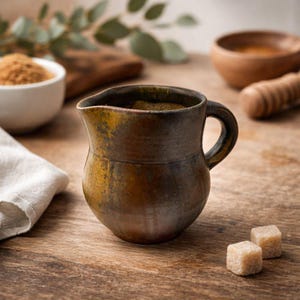 May include: A small, handcrafted ceramic creamer with a dark brown and yellow glaze. The creamer has a handle and a spout, and sits on a wooden surface. Two sugar cubes are in the foreground, with a bowl of brown sugar and other kitchen items in the background.