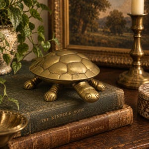 May include: A brass turtle figurine with a textured, segmented shell and four legs. The turtle is crafted from a metallic gold-toned material with a polished finish, featuring a rounded, domed back and a small head extending from the front.