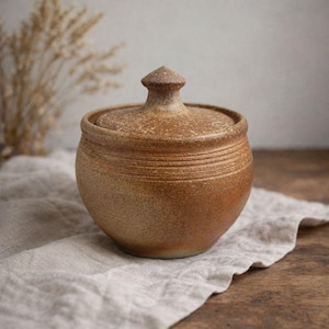 May include: A handcrafted, lidded ceramic jar with a speckled, earthy brown glaze. The jar has a rounded body with horizontal etched lines and a conical knob on the lid. It sits on a neutral-colored linen cloth.