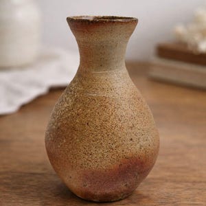 May include: A handcrafted, speckled ceramic vase with a rounded body and a narrow, flared neck. The vase features a warm, earthy color palette with shades of tan, brown, and a hint of reddish-brown at the base. This decorative vase is suitable for home decor.