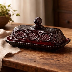 May include: A ruby red, rectangular butter dish with a textured, patterned design. The lid features a decorative knob and the dish sits on a matching tray. The dish is made of glass and is a vintage style.