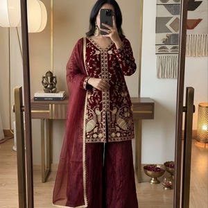 slim fit dress slacks CVF-D-13 – Shop Maroon Velvet Frock Dress by Jazmin – Pakistanimoda –  Pakistani Moda main image 0