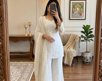 White Designer Embroidered Sharara Suit With Dupatta For Womens, Festival wear Readymade dress, Pakistani Suits Set 3pcs