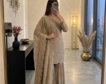 Pakistaanse designer feestkleding gouden Salwar Kameez met dupatta voor dames, sharara-pak, top-palazzo, Pakistaanse pakken, Indiaas etnisch pak