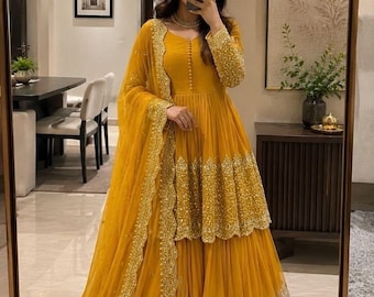 Pakistani Yellow Salwar Suit For Women's,Designer Salwar Kameez Readymade Suit, Kurta Sharara & Designer Dupatta 3PC Stitched,Plus size