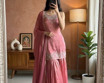 Pakistani Pink Heavy Embroidered Straight kurta Sharara Set with Dupatta 3pc, Designer Salwar Kameez Readymade ,Kurta Sharara set,Party wear