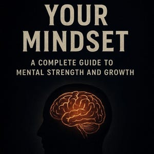 May include: Book cover with the title "MASTER YOUR MINDSET" in large, bold, off-white letters. Below, the text reads "A COMPLETE GUIDE TO MENTAL STRENGTH AND GROWTH." A glowing brain illustration is inside a silhouette of a head against a black background.