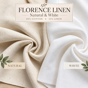 May include: Florence Linen fabric in natural beige and white colors. The textile is a blend of 85% cotton and 15% linen. The image displays two folded sections of fabric with labels identifying the natural and white color options clearly.