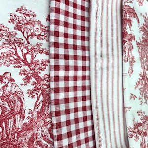 Red Toile Gingham Ticking Stripe Fat Quarter Bundle Patterned Cotton Fabric Set for Patchwork Quilting Vintage Red Textile Print Craft Gift