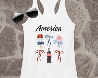 VS-tanktop dames patriottische geschenken, Amerika 4 juli-tanktop, coquette-strik rood wit en blauw, VS-top