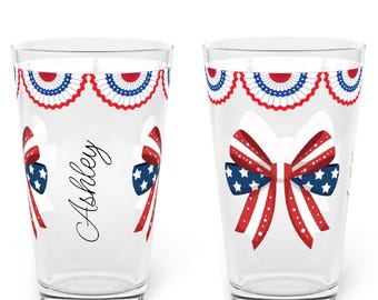 Bicchiere da pinta personalizzato con nome e nastro patriottico / 473 ml con bandiera americana e fiocco, 4 luglio, regali per il 4 luglio