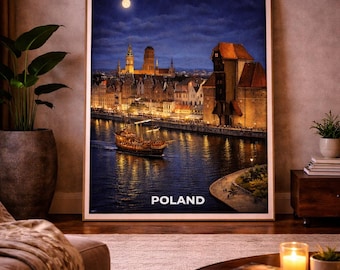 Grúa del puerto de Gdansk - Iglesia - Polonia - Ciudad costera - Casco antiguo de la capital - Viajes - Río - Arte - Póster - Obra de arte vintage - Decoración - Barcos