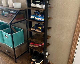 8-Tier Vertical Shoe Rack with Hooks, Narrow Wooden Shoe Tower